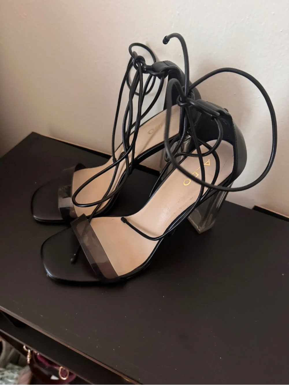 Aldo Black Clear-Strap Lace-Up Heels